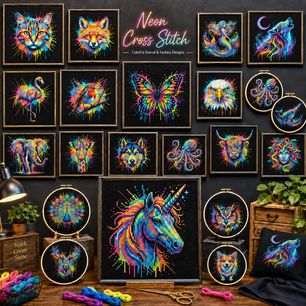 Neon Animals Cross Stitch ​​Buy 4, Get 1 FREE​​ + ​​10% OFF​​