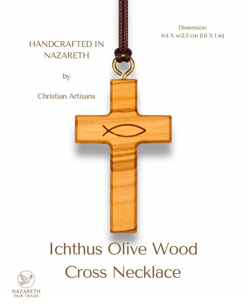 Ichthus Olive Wood Cross Necklace