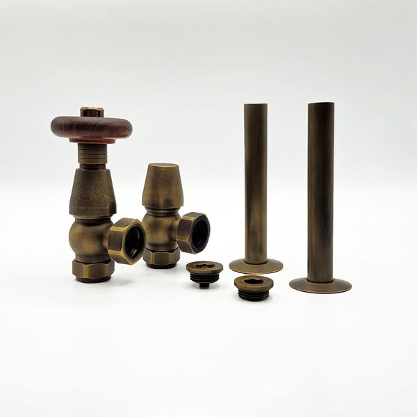 Angled Antique Brass Thermostatic Valve Set, Pipe Sleeve & Air Vent