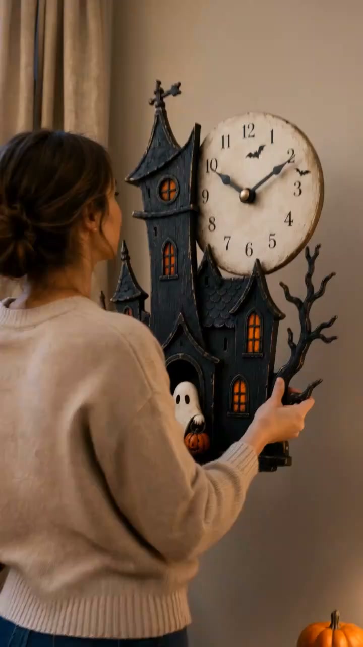Vintage Haunted House Pendulum Clock – Storybook Halloween Wall Art
