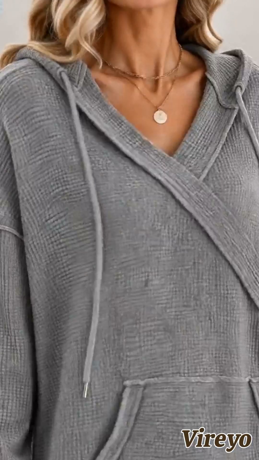 Waffle Knit Wrap‑Front Hooded Top