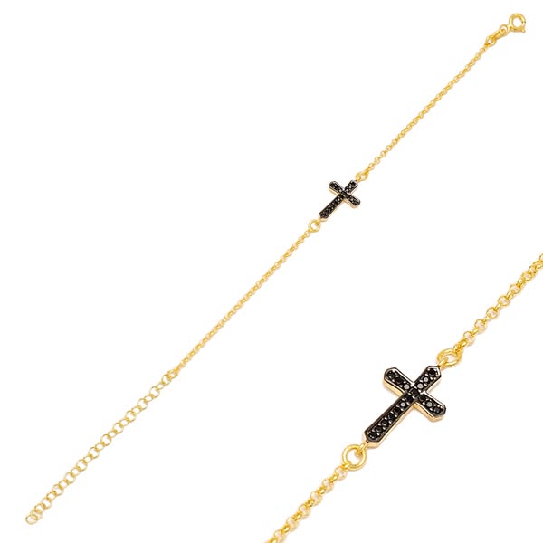 Cross Design Black Zircon Stone Minimalist Bracelet Turkish Wholesale Handmade 925 Sterling Silver Jewelry