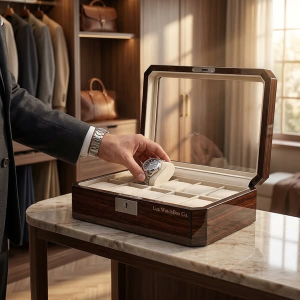 Luxury 10 Slot Watch Box - Burnished Walnut Architectural | LuxWatchBoxCo