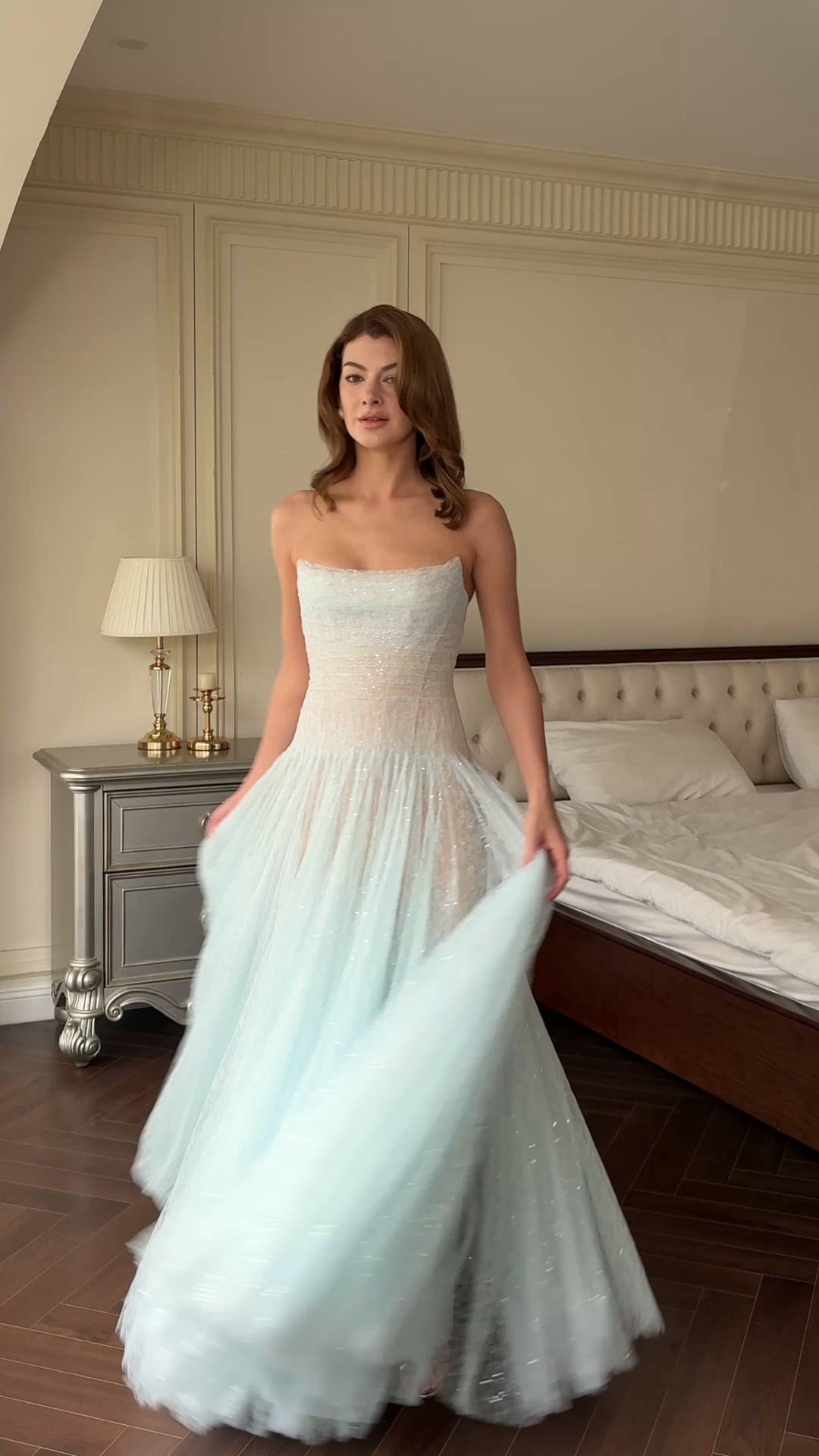 BLUE DRAPED LACE MAXI DRESS