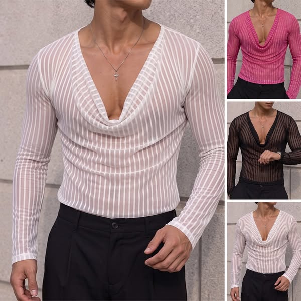 Men's Sexy Party Sheer Mesh Stripe Long Sleeve Cowl Neck T-shirt SKUL7