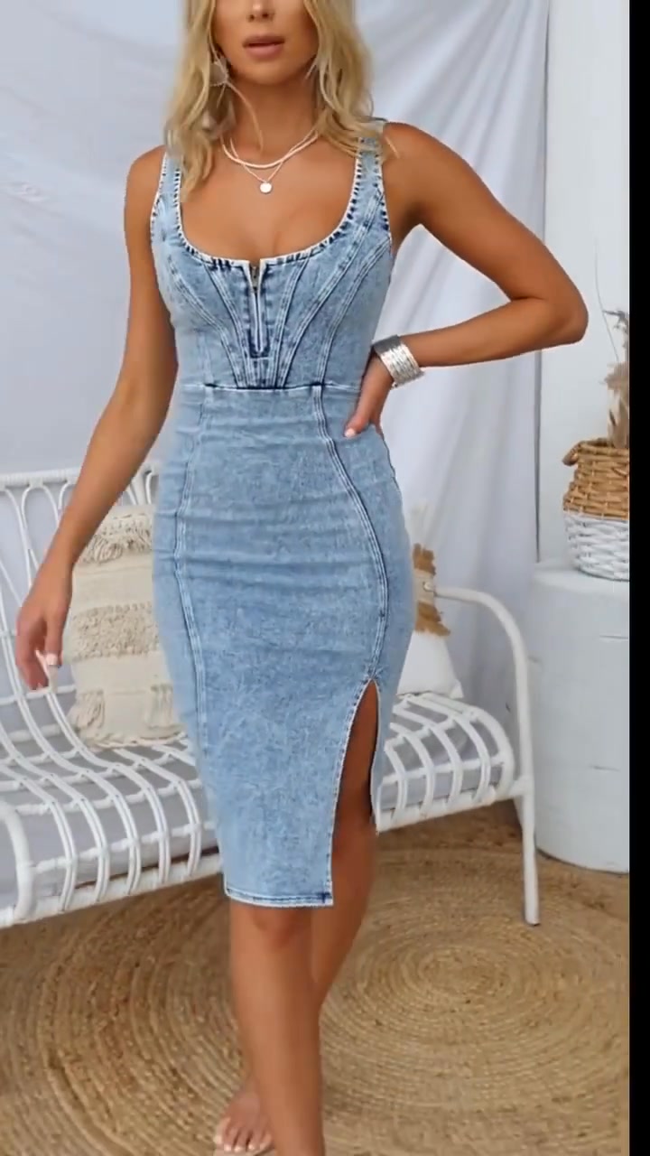 Adjustable strap U-neck split denim bodycon cami dress