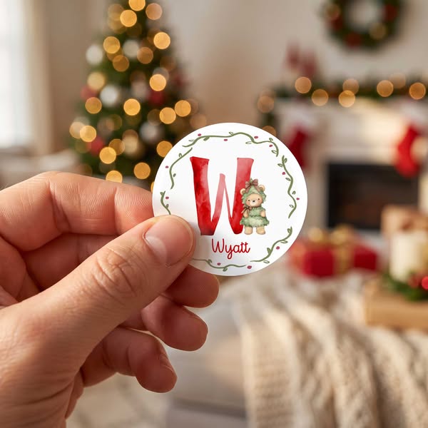 Personalized Name & Initial Christmas Bear Round Stickers, Holiday Gift Labels, Greeting Card Decals, Christmas Gifts for Kids/Family/Friend