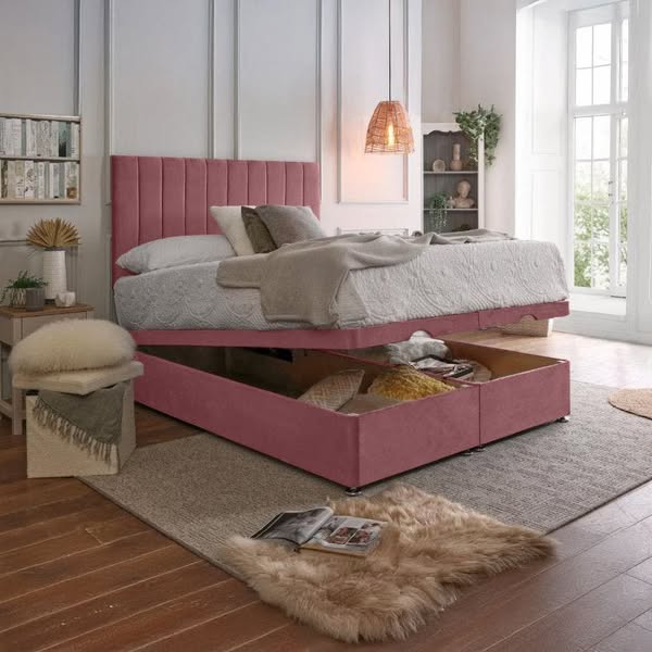 Rapyal Sleep Rina Ottoman Storage Divan Bed, 2ft6 Small Single, End Lift Ottoman, 54" Headboard (same as image), Ortho Sprung Mattress, Pink