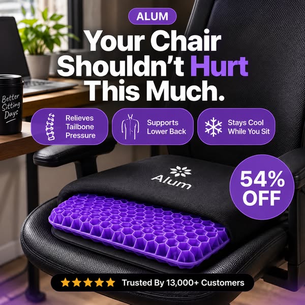 The Alum Gel Seat Cushion takes pressure off your Back & Tailbone instantly so you can sit for hours without the pain.