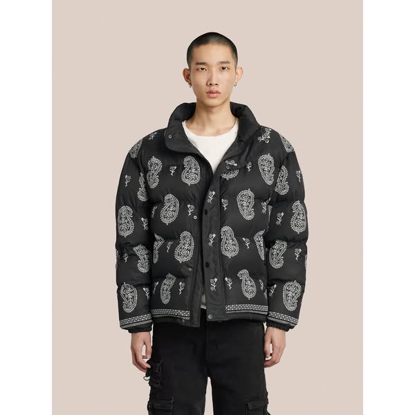 Paisley Puffer Jacket in Black
