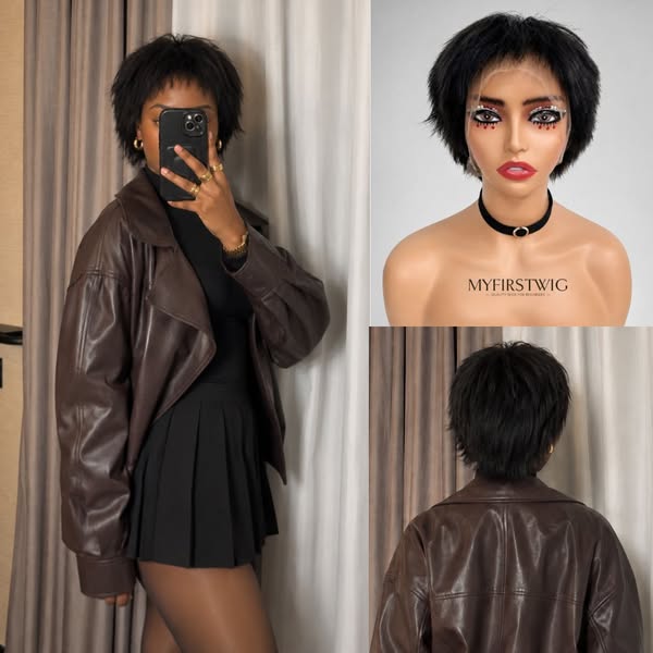 6” Short Layered Pixie Cut Wig with Choppy Bangs