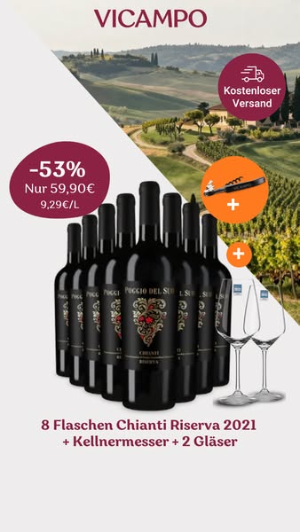 Chianti-Paket: 8 Flaschen Chianti Riserva Paket mit 2 Schott-Zwiesel Gläsern + Kellnermesser