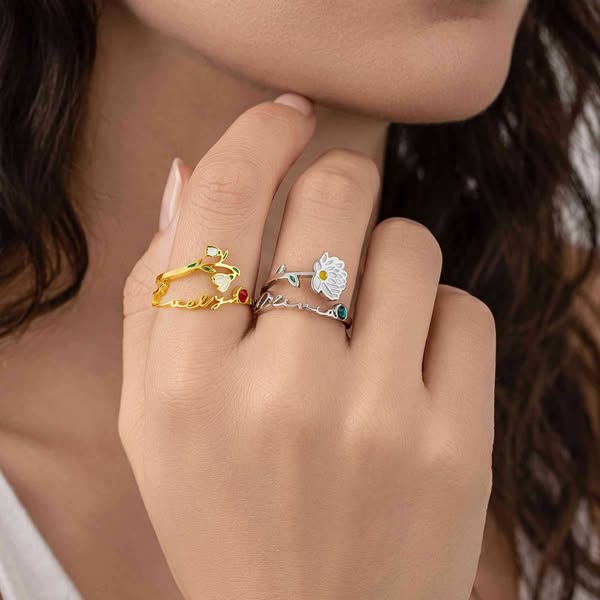 Personalized Name Enamel Birth Flower Wrap Ring with Birthstone, Sterling Silver 925 Dainty Floral Ring, Birthday/Mother’s Day Gift for Her/