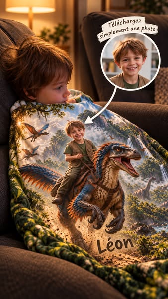 Le plaid Dino personnalisé avec son prénom et son visage