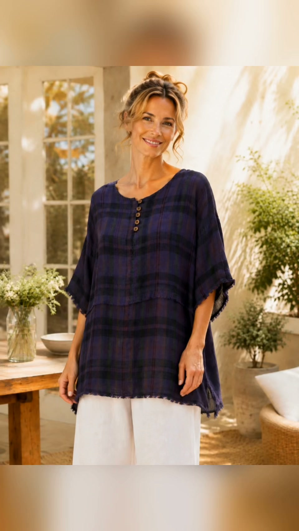 100% Linen Plaid Frayed Hem Blouse