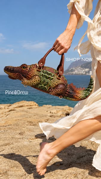 A Crocodile Handbag, Sculpted in Gold Detail