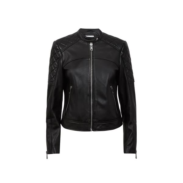 Ladies Real Leather Jacket Collarless Quilted Black Zip up Casual Biker Jacket