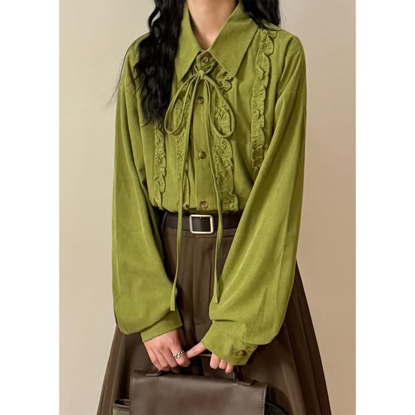 Elegant Green Ruffled Lace Up Cotton Shirt Top Spring