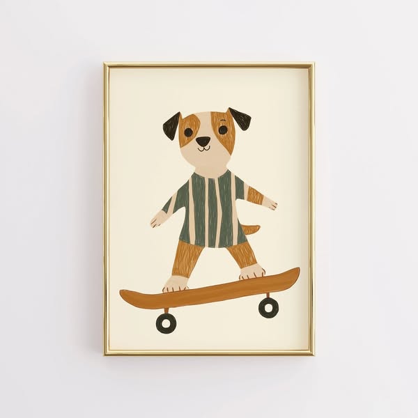 Dog on Skateboard Wall Art, Puppy Nursery Print