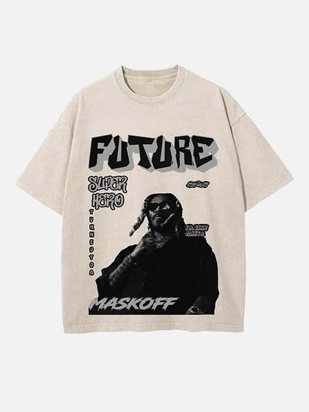 Future Print Round Neck T-shirt Apricot-S