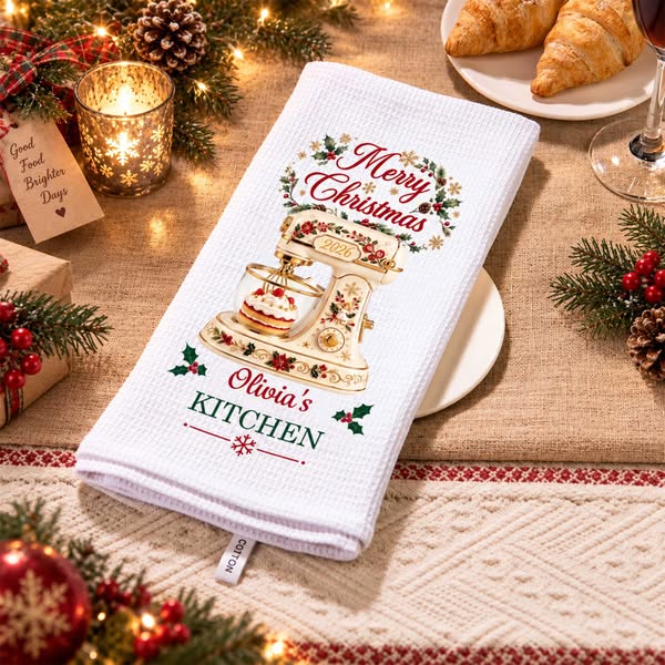Merry Christmas Baking Mixer Tea Towel, Custom Name, Soft Waffle Kitchen Towel, Christmas Gift for Bakers