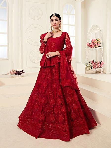 Myra Red Heavy Embroidered Net Lehenga - Dress Material Only