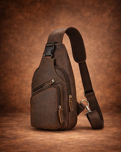 Men's Leather Crossbody Bag with USB Charging Port - Premium Cowhide Sling Bag