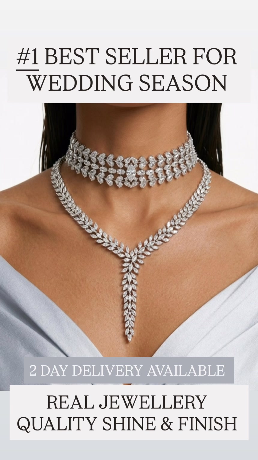 Maharani Heart & Diamond Necklace Set & Hiba Diamond-Like Zircon Compressed Setting Statement Necklace Set (2 Necklace & 2 Earrings) - $600