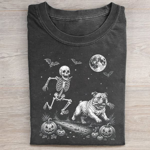 Funny Skeleton Chasing English Bulldog T-shirt