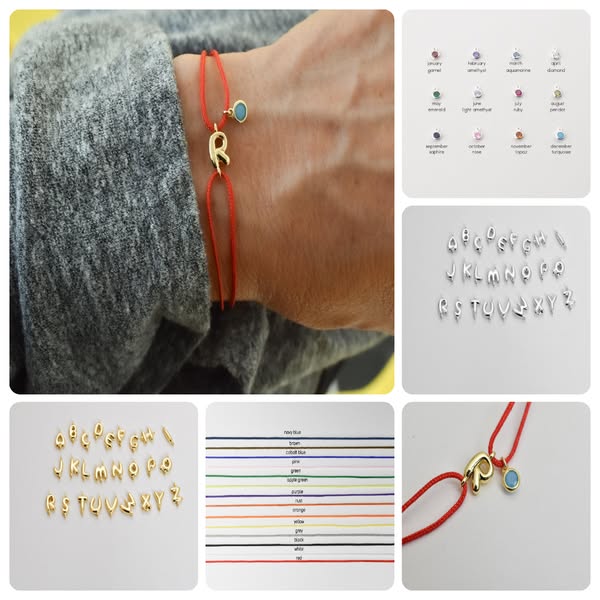 Personalized Initial String Bracelet with Birthstone Dangle, Adjustable No Hanging Ends