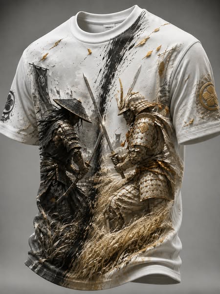 Men's Ink Wash Samurai Warrior Duel Print Casual T-Shirt