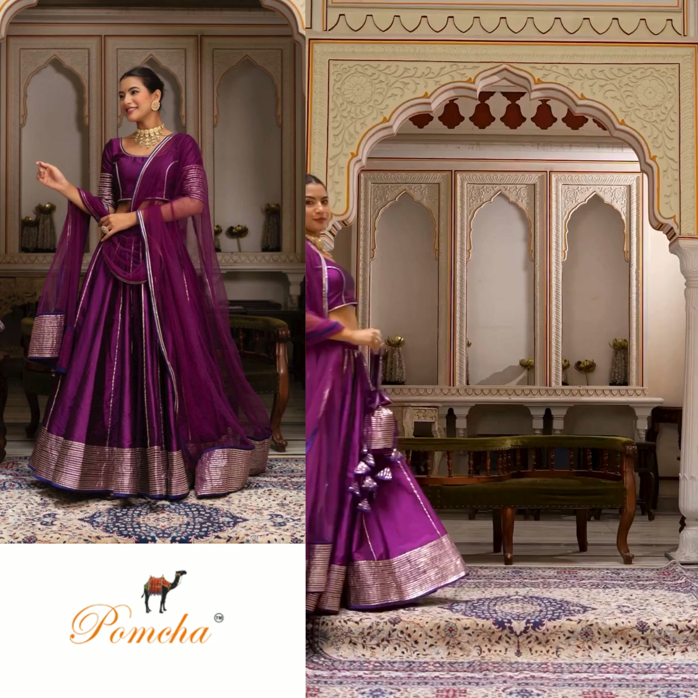 GULABI GALYIAN SEERAT PLUM TAFFETA SILK GOTA PATTI LEHENGA SET WITH SOFT NET DUPATTA