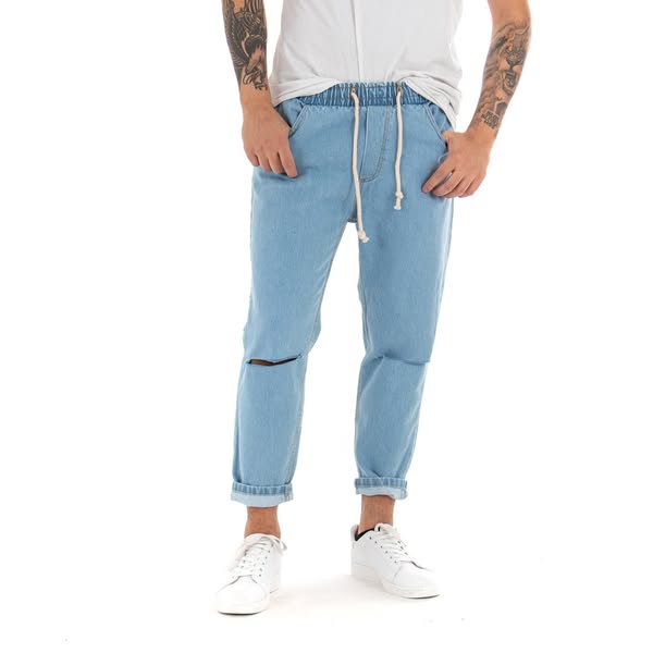 Jeans Uomo Jogger Taglio Ginocchio Basic Pantalaccio Loose Fit Denim Medio P4079A