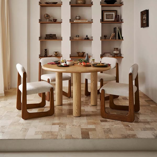 Castlery Rounded Edges Round Dining Table with Pillar-Style Legs - Brown