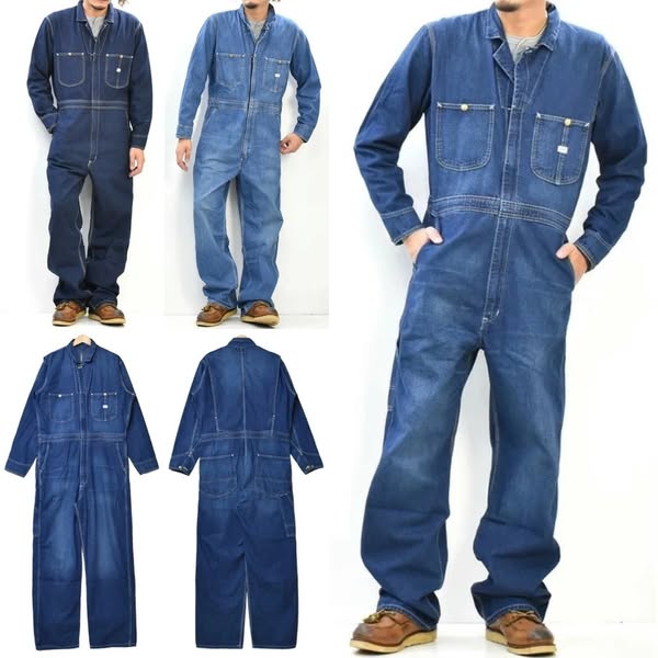 Men's Zipper Multi Pocket Long Sleeve Denim Coveralls