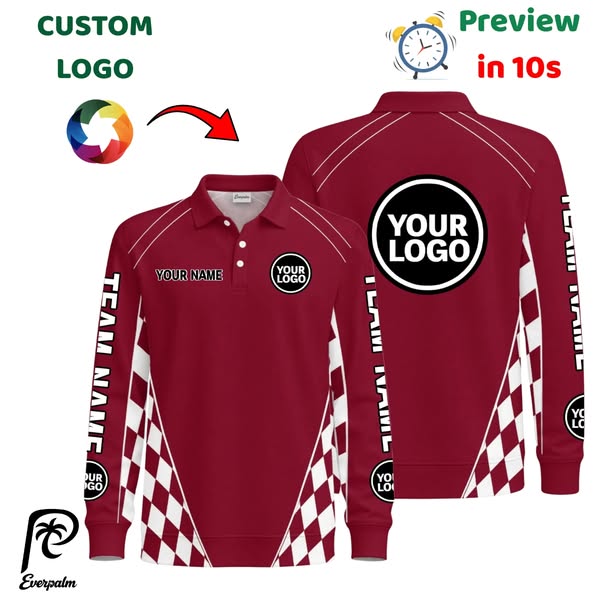 Custom Checkered Angular Side Panel Long Sleeve Polo Shirt - Personali