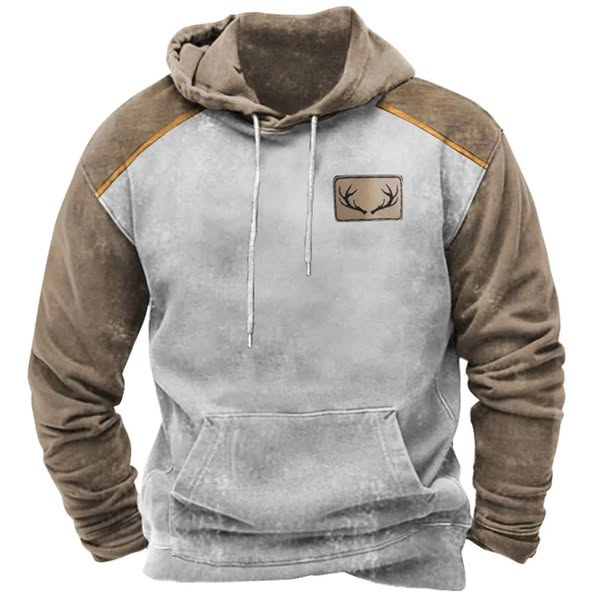 Men's Hoodie Vintage Western Antler Hunting Deer Print Pocket Long Sleeve Daily Tops White-3XL