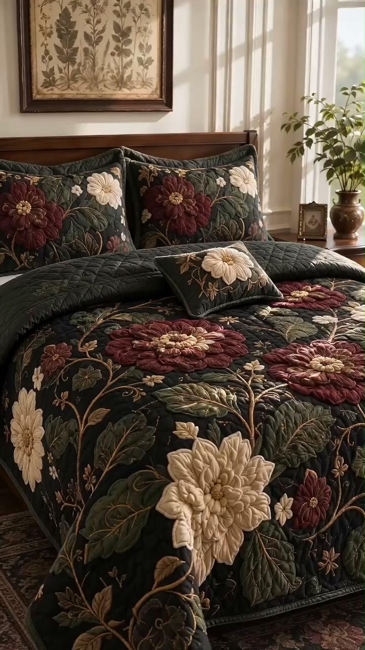 Dark Botanical Quilted Bedding Set