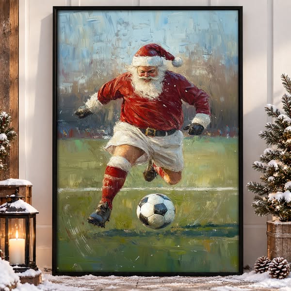 Funny Christmas Santa Claus Playing Soccer Canvas Painting, Sports Wal