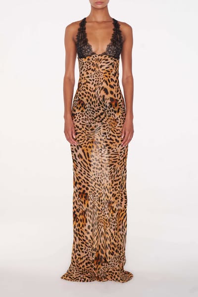 Lace V-Neck Leopard Print Maxi Dress