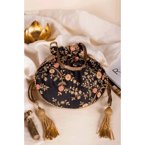 Floral Creeper Black Potli Bag