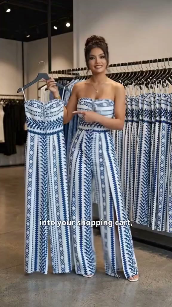 LAST DAY SALE 70% OFF Geometric Jumpsuit with Halter Neckline & Side Slit – Unique print & elastic back – Versatile, perfect for summ