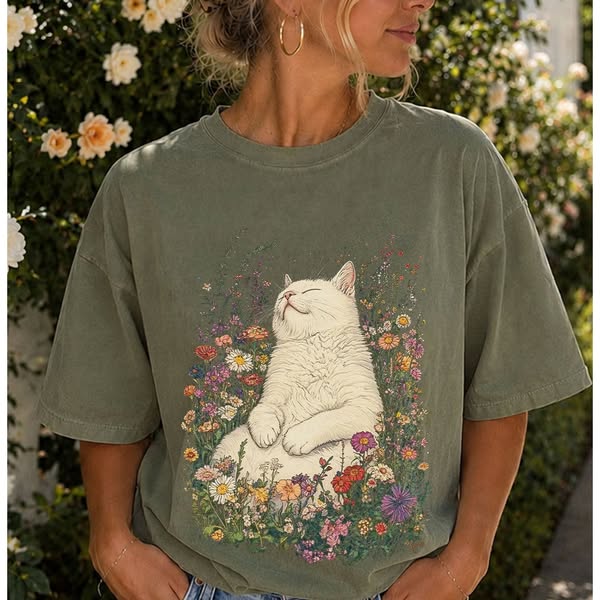 Sleeping Cat Flower T-shirt