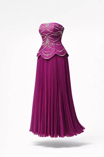 Fuchsiafarbenes, trägerloses, plissiertes Abendkleid mit Perlenverzierungen €211.21