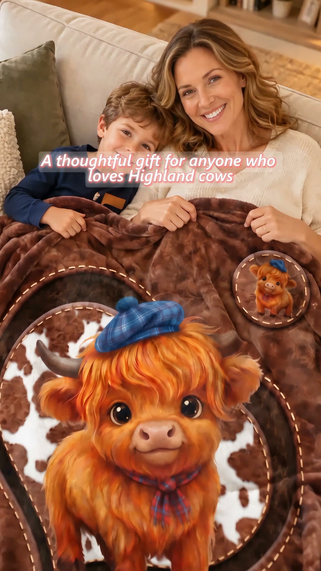 Personalized Soft Warm Highland Cow Heart Pattern Throw Blanket With Name Living Room Home for Highland Cow Lovers