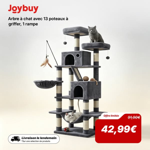 JOYFURNOS Arbre à chat, grande tour pour chat de 168 cm avec 13 poteaux à griffer, 1 rampe à griffer, 2 perchoirs, 2 niches, panier, hamac