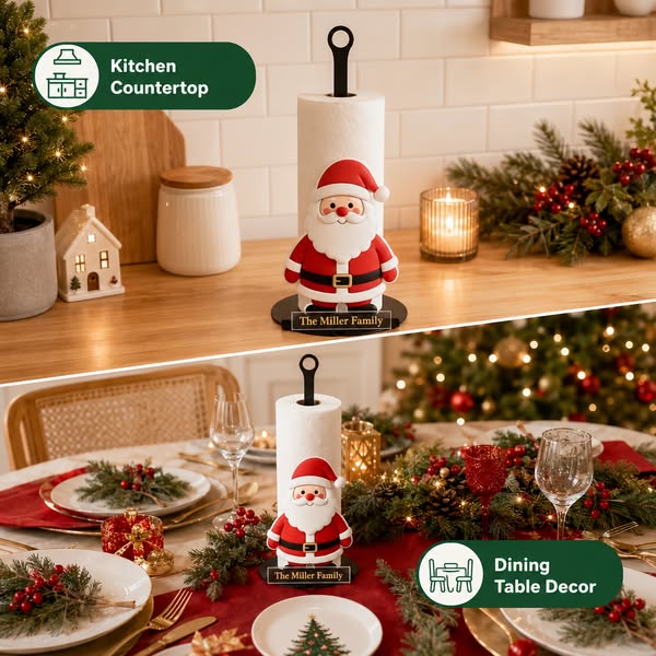 Christmas Paper Towel Holder Stand, Family Name Santa & Evergreen Tree Kitchen Counter Decor