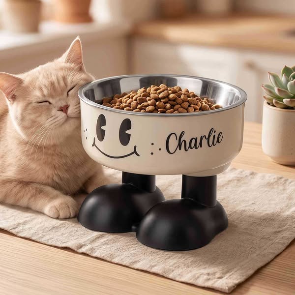 Custom Cartoon Elevated Pet Bowl with Name, Dog/Cat Food & Water Feeder Holder, Raised Neck Protection, Birthday Gift for Pet Lovers/Owners/