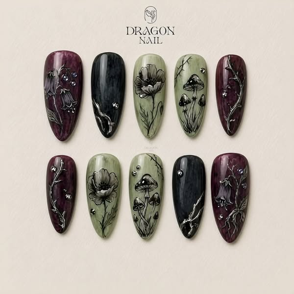 Dark Grunge Witchy Insect Silver Frame Statement Press On Nails
