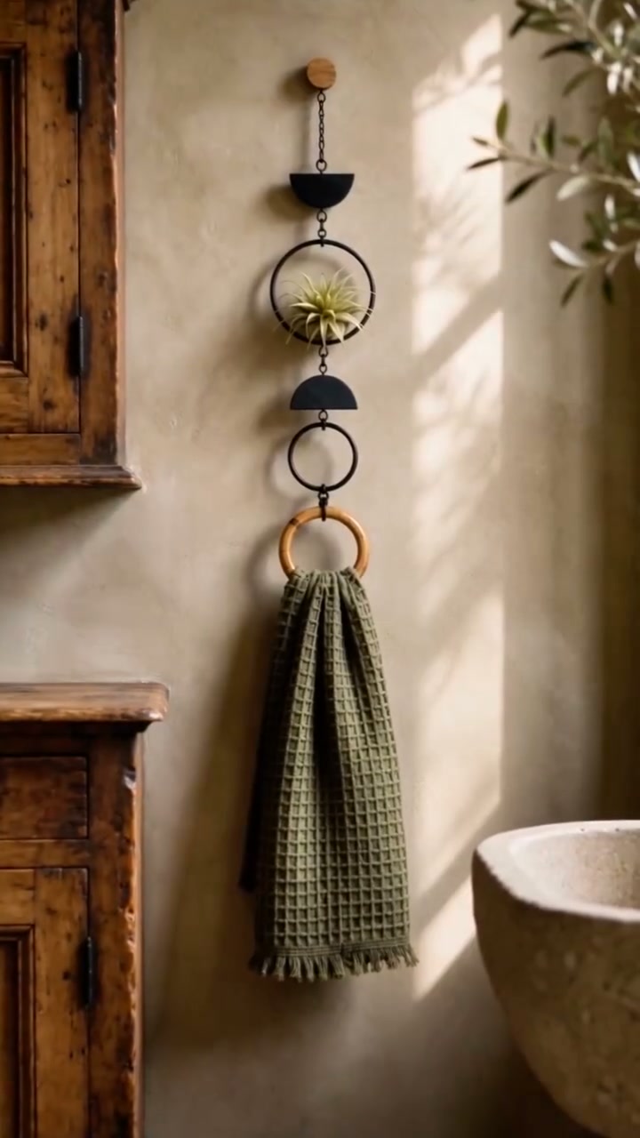 Not a bulky metal bar. Charming wooden ring towel hanger!